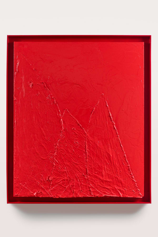 John Knuth, Under the Red Volcano, 2022, Enamel and rattlesnake venom on canvas 38 x 32 in (96.5 x 81.3 cm), 41 1/2 x 35 1/2 in (105.4 x 90.2 cm) (framed)