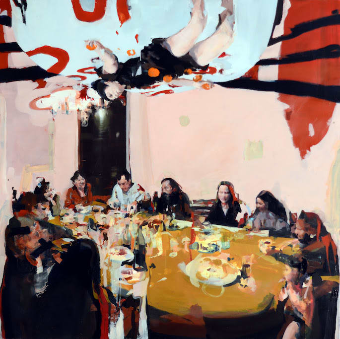 Alex Kanevsky, Dinner with Dear Friend, 2020, Oil on panel, 51 x 51 inches