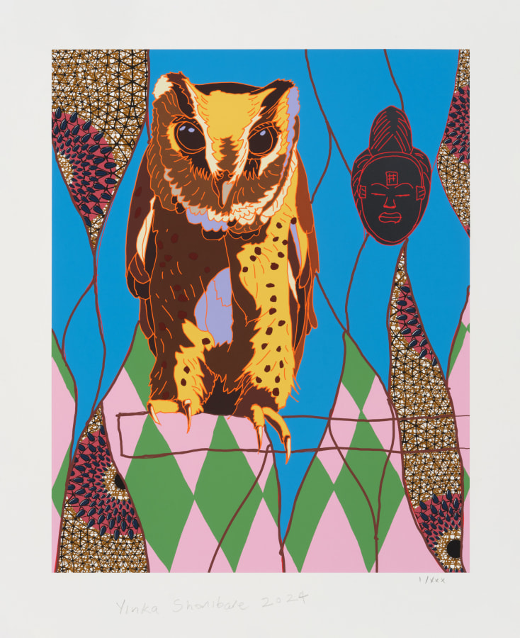 Yinka Shonibare, African Bird Magic (Sokoke Scops-Owl and Okuyi Mask), 2024