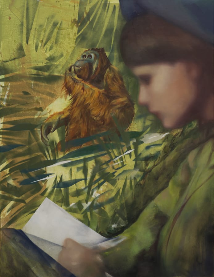 Artwork: Paulina Olowska, Birutė Galdikas reading to Georgina in Borneo Jungle, 2017