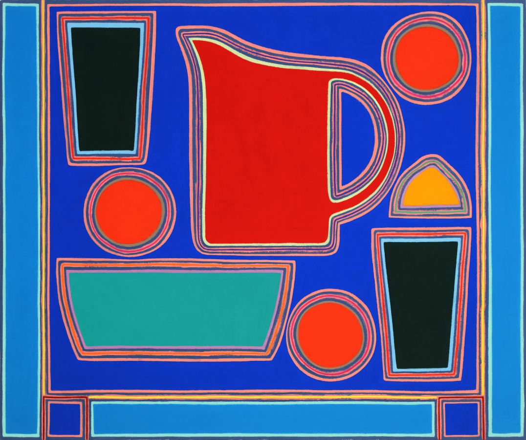 Artwork: Holly Coulis, Blue and Red Pitcher, Dark Green Cups, 2018