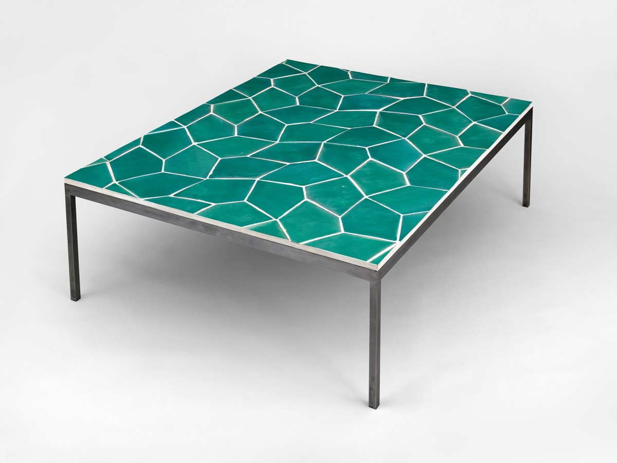 Artwork: Sarah Crowner, Table (Terracotta Pentagon Leaves, Celadon), 2016