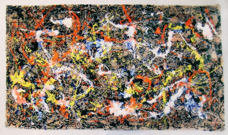 Diffracted solstice: exhibition view / Aeroplastics @ Rue Blanche Str., Brussels. Ph: Vincent Everarts / work by Kurt Treeby (tapestry), reproduction of "Conversion" by Jackson Pollock