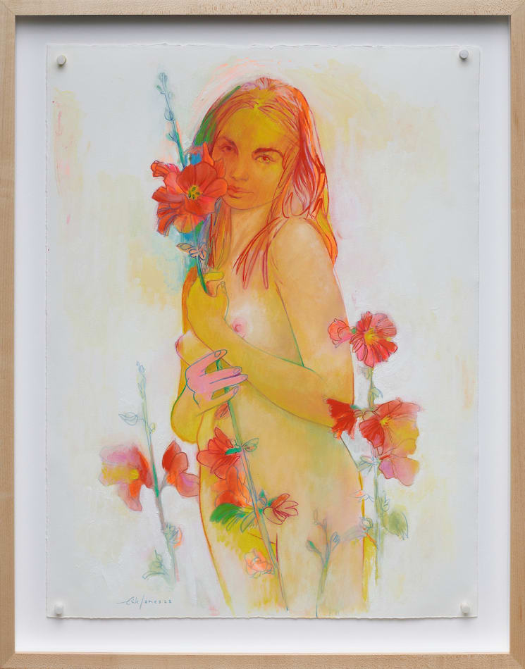 Erik Jones drawing of nude woman holding red flowers