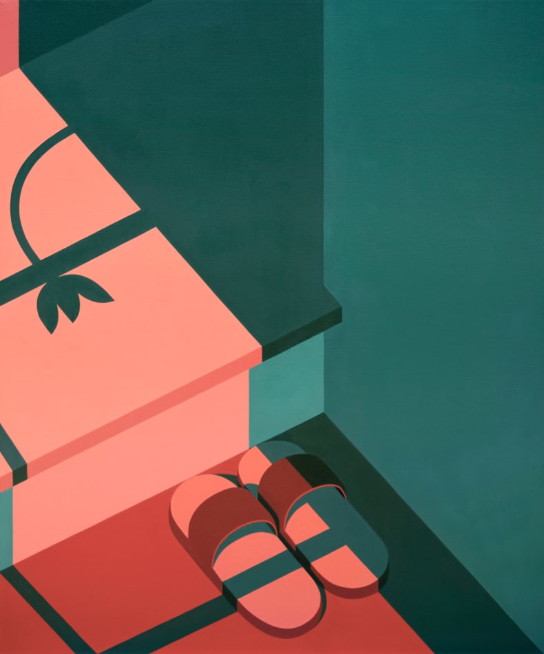 Adrian Wong painting of slippers on last step, red and green tones slightly abstract