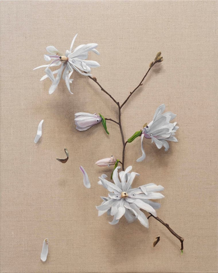 detail of painting of white flowers with subtle dog faces