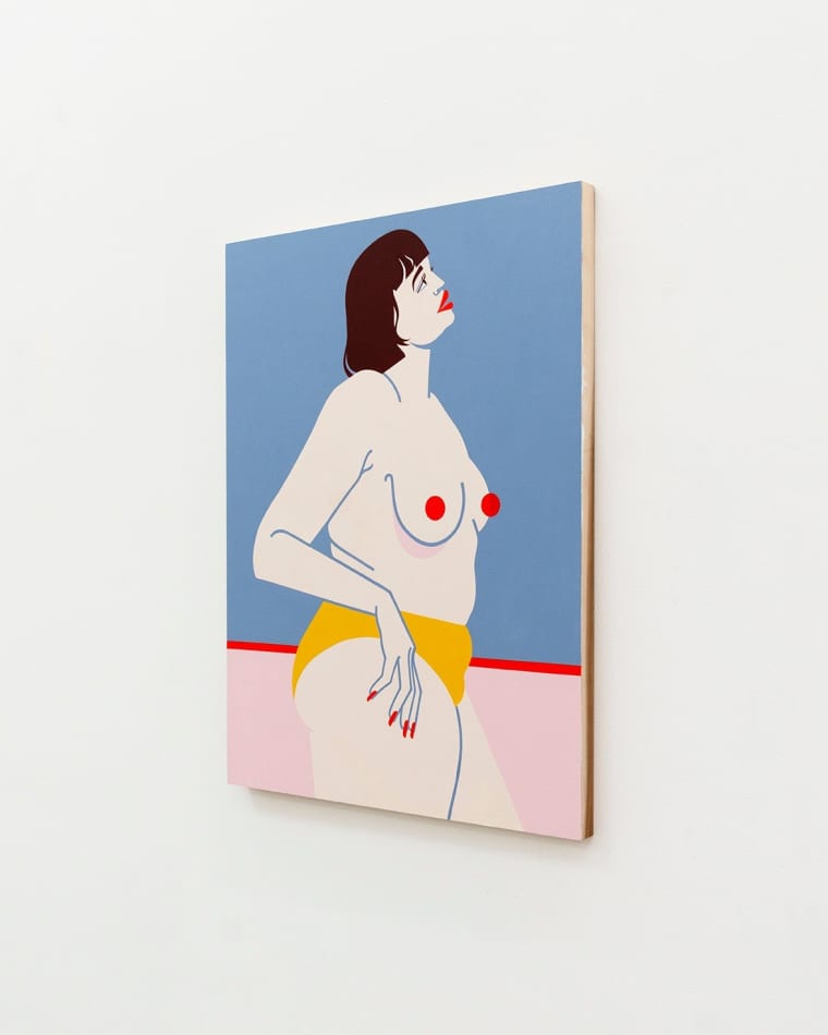 Painting of topless woman in yellow underwear by Jillian Evelyn