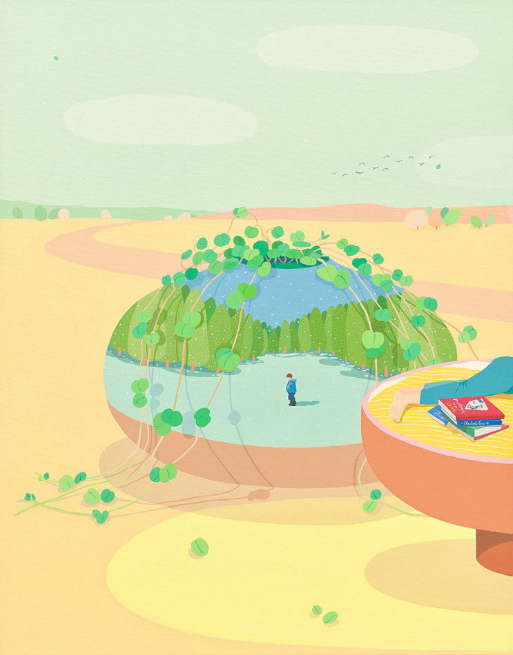 Danym Kwon - painting of vases, plants, and a bowl with back ground of low saturated green sky and yellow landscape. A vase with greens and painted scenery of a person in snowy forest on it; partial of a person laying on a bowl of noodle reading