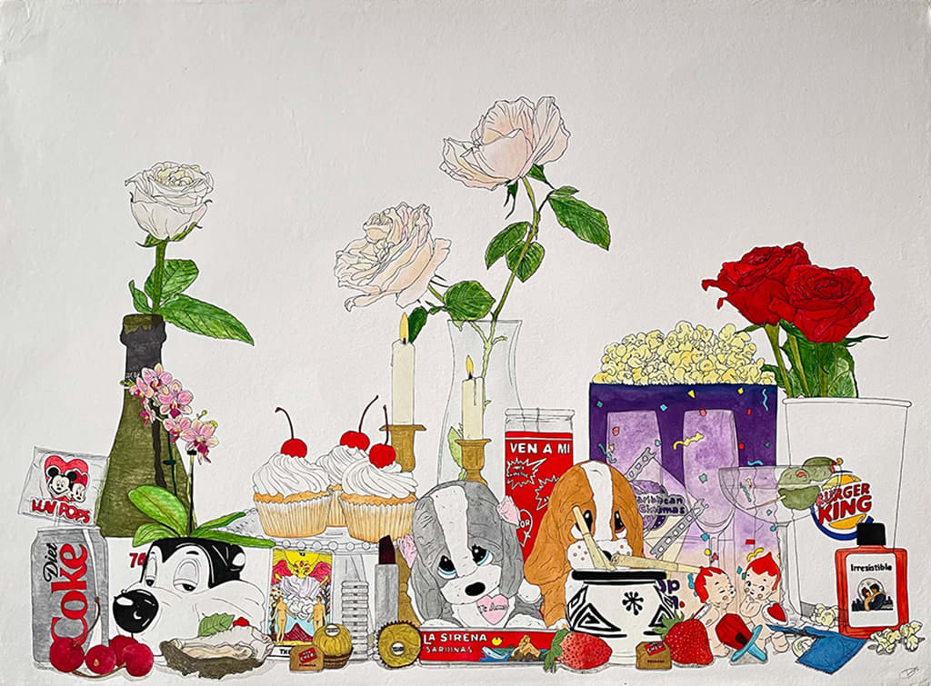painting of an altar filled with various foods, flowers, candles, and toys by artist Camila Buxeda