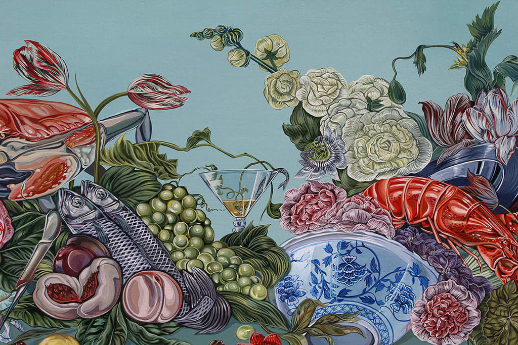 Detail of Sabrina Bockler painting of feast on table, flowers, fruit, lobsters, etc