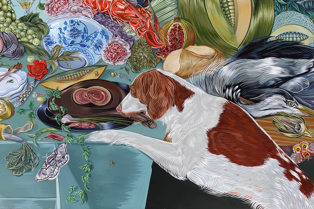 Detail of Sabrina Bockler painting of feast on table, flowers, fruit, lobsters, etc