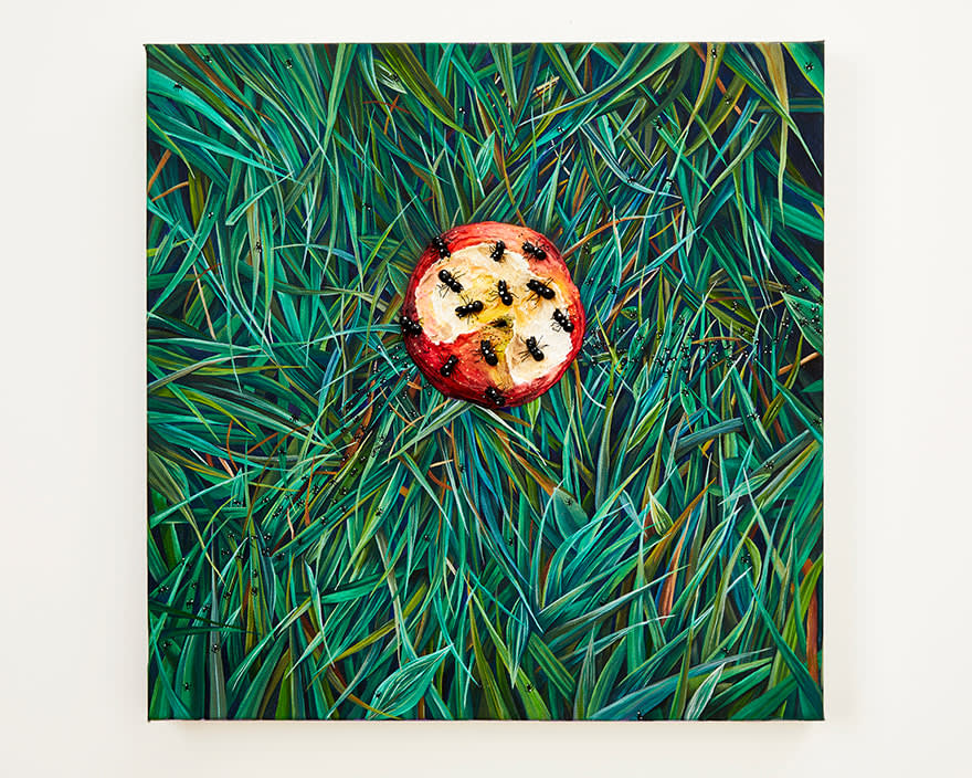 N Dyer painting of detailed grass with apple, a bit has been taken out of it and ants crawl on it