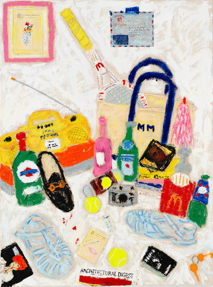 painting by Michael McGregor of assorted objects including bottles, shoes, bag, etc.