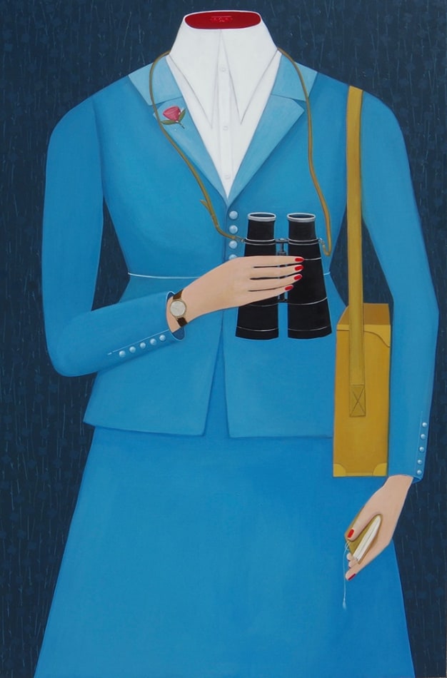 Angela Burson painting of female torso in blue suit with birdwatching gear