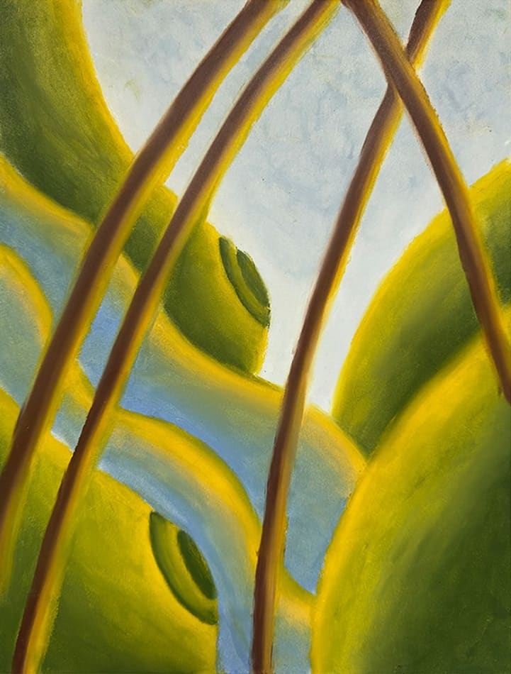 pastel drawing of a lush green landscape against a pale blue sky by Bianca Nemelc