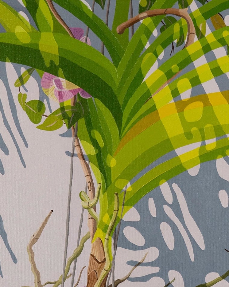detail of Natalia Juncadella painting of orchid, plant and roots, shadows