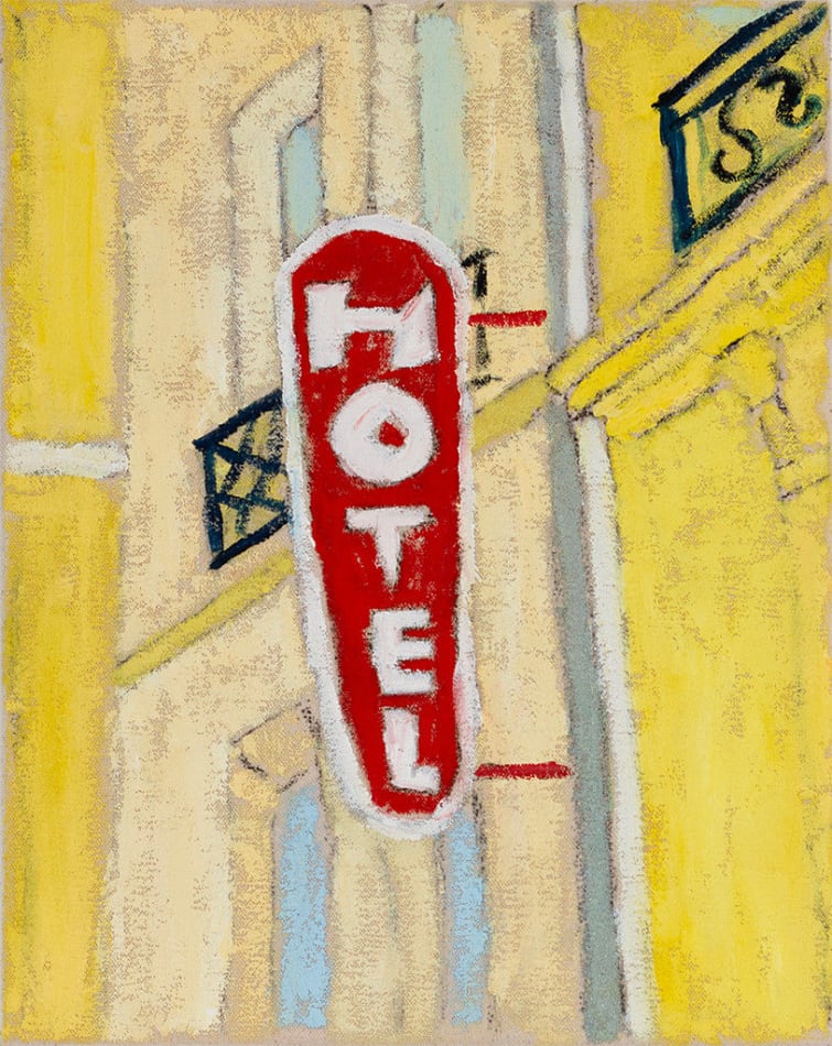 painting of a red hotel sign on a yellow building