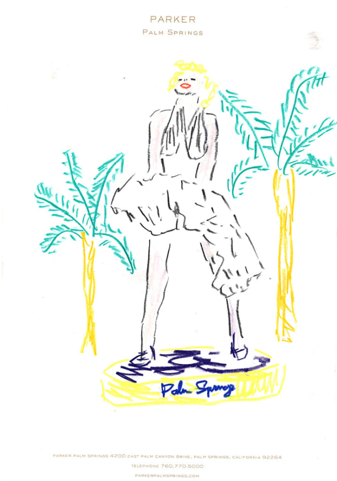 drawing by Michael McGregor of Marilyn Monroe on beach on Parker Palm Springs hotel stationary