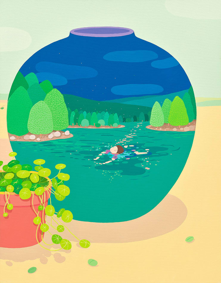 Danym Kwon painting of vases, plants, bowl with back ground of low saturated green sky and yellow landscape. A potted plant and an empty vase with painted scenery of a person swimming in a lake surrounded by forest