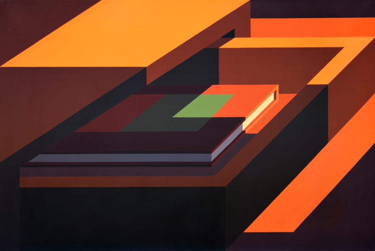 Adrian Wong painting of book in drawer, orange and yellow tones with green accent