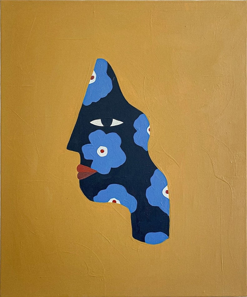 side profile of a dark blue face with light blue flowers over a gold background