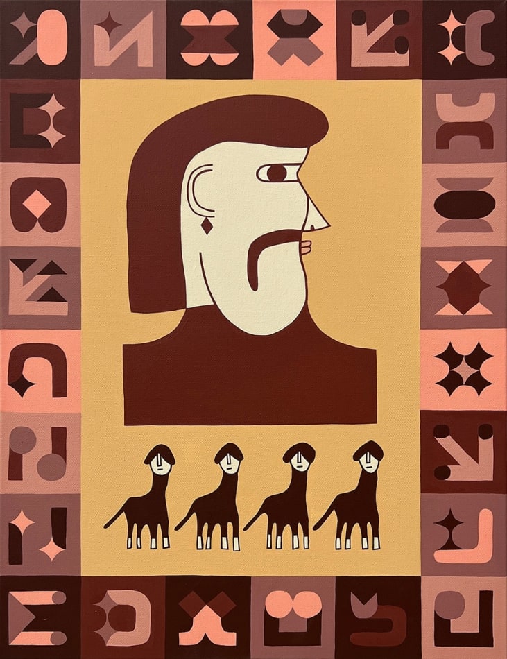 painting of the profile of a cartoon man with four human horse creatures below and a border made of red abstract symbols
