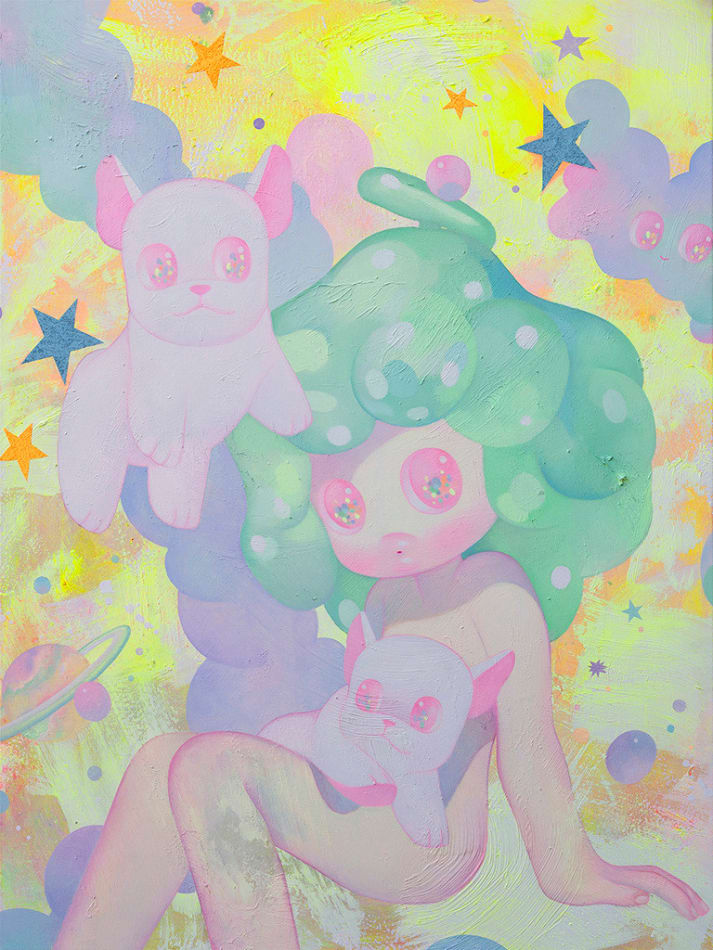 So Youn Lee painting of childlike figure and white bulldogs in pastel tones