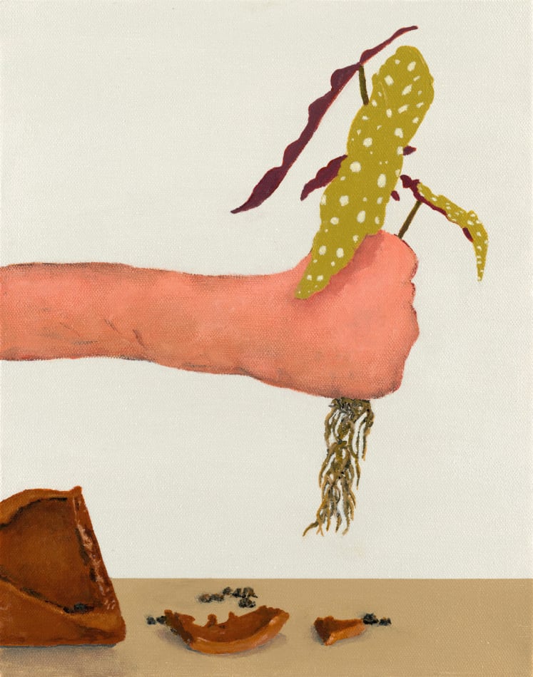 painting of a hand gripping a plant with a broken pot below it