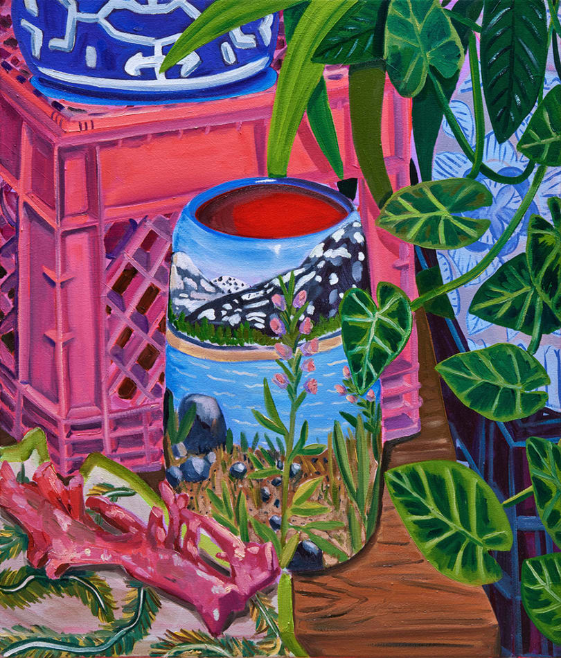 Anna Valdez painting of landscape vase with pink milk crate