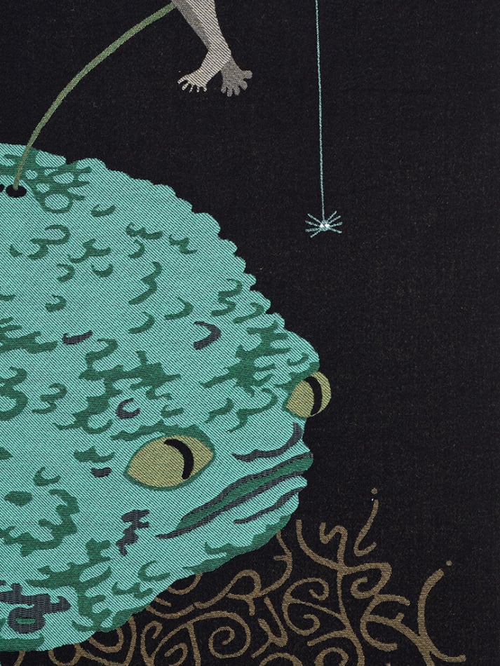 Detail of Oona Brangam-Snell hand-woven embroidery of large frog, flowers and fairy like women