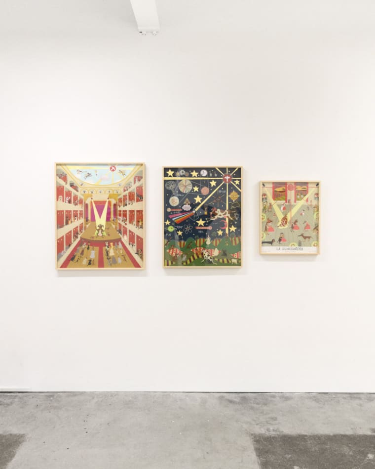 Installation view of artist James Eddy's three framed works on paper for the group exhibition Doggone Delightful at Hashimoto Contemporary San Francisco
