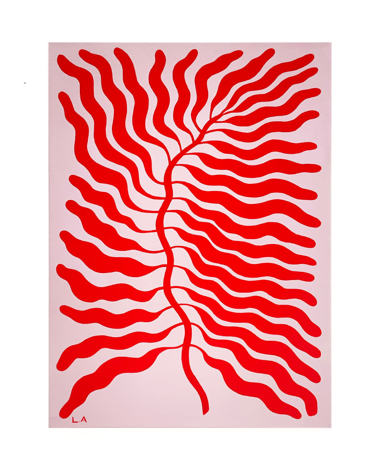 Painting of a red plant leaf with several small leaves coming out of the center stem on a pink background