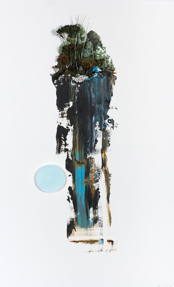 Gregory Euclide - mix media work of abstracted nature scene with a major color palette of dark green and blue.