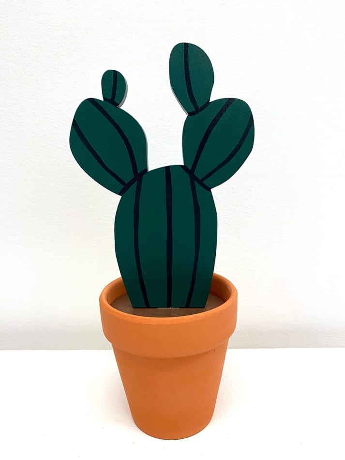 Jeff Canham wooden sculpture of cactus in terra cotta pot