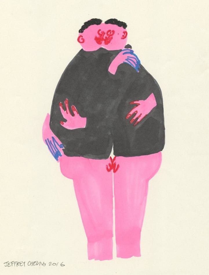Jeffrey Cheung pink figures in gray shirts