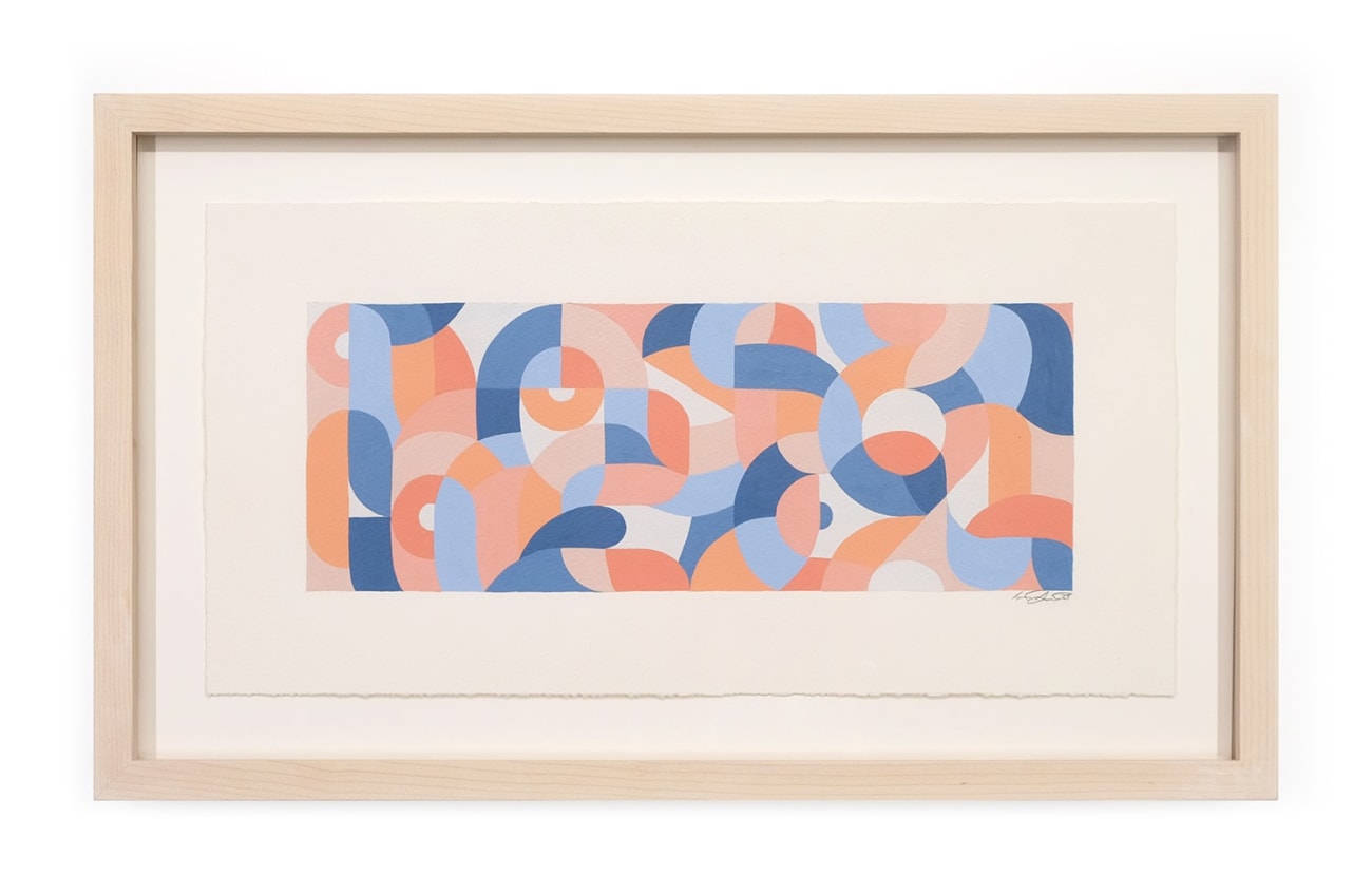 Framed work on paper depicting various multicolored curves and shapes by artist Scott Albrecht