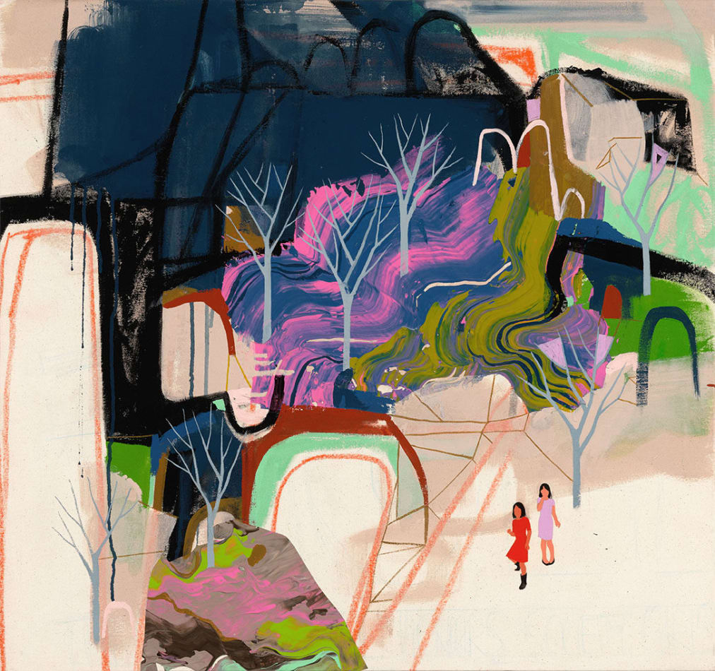 colorful abstracted landscape with two small figures