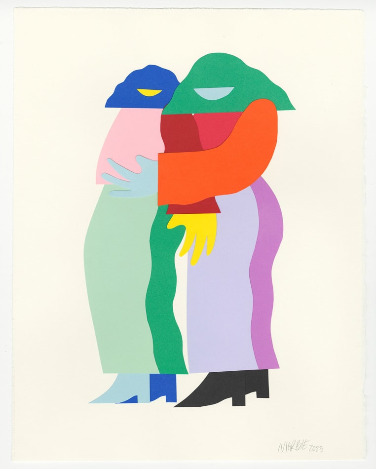 A paper depiction of two figures: one is smaller, green pants pink search blue hair yellow skin; one is larger: purple pants, black boots, red and orange shirt, green hair, blue skin. The larger one embraces the smaller one from behind, both face the left side of the composition from the viewer's POV.