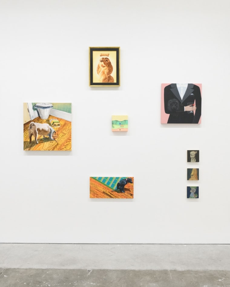 Installation view of a gallery wall with various artworks installed in a salon-style at Hashimoto Contemporary San Francisco