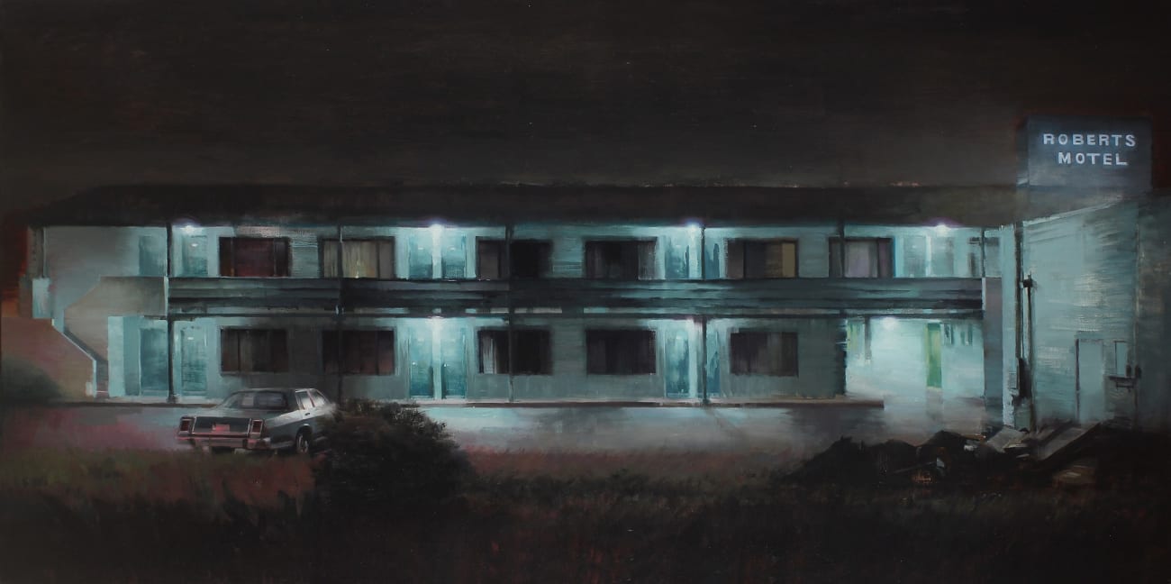 painting of an apartment complex at night -dark colors