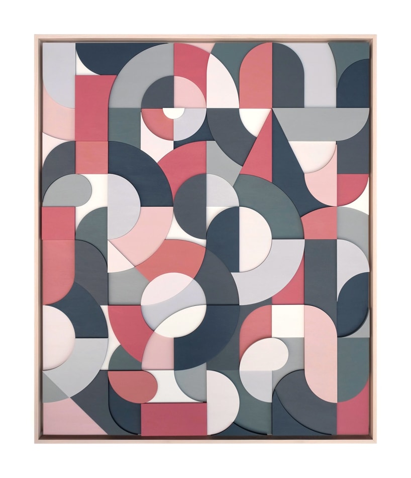 Scott Albrecht wood relief painting abstract forms in blue and pink tones