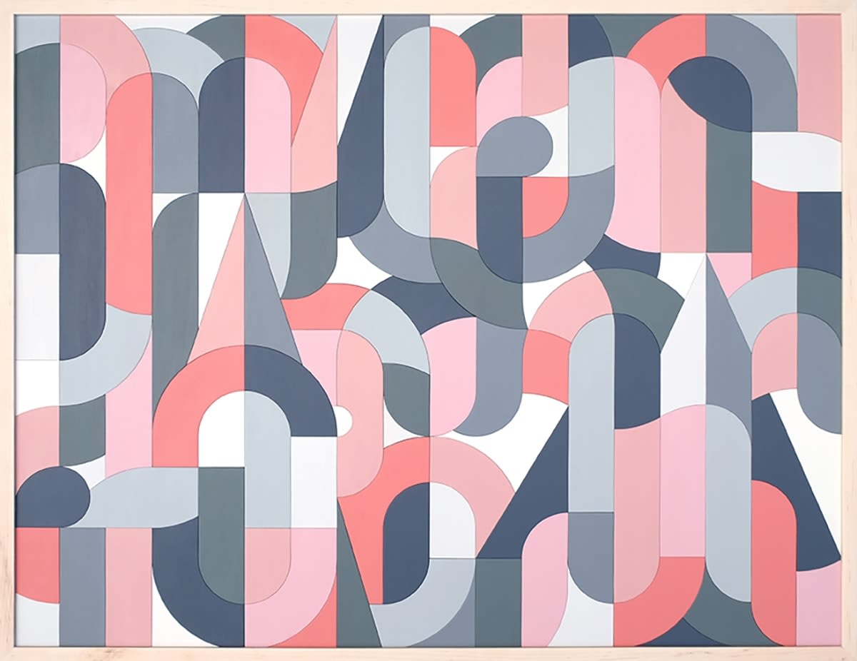 Abstract wooden collage with wood pieces painted different shade of blue, red and white