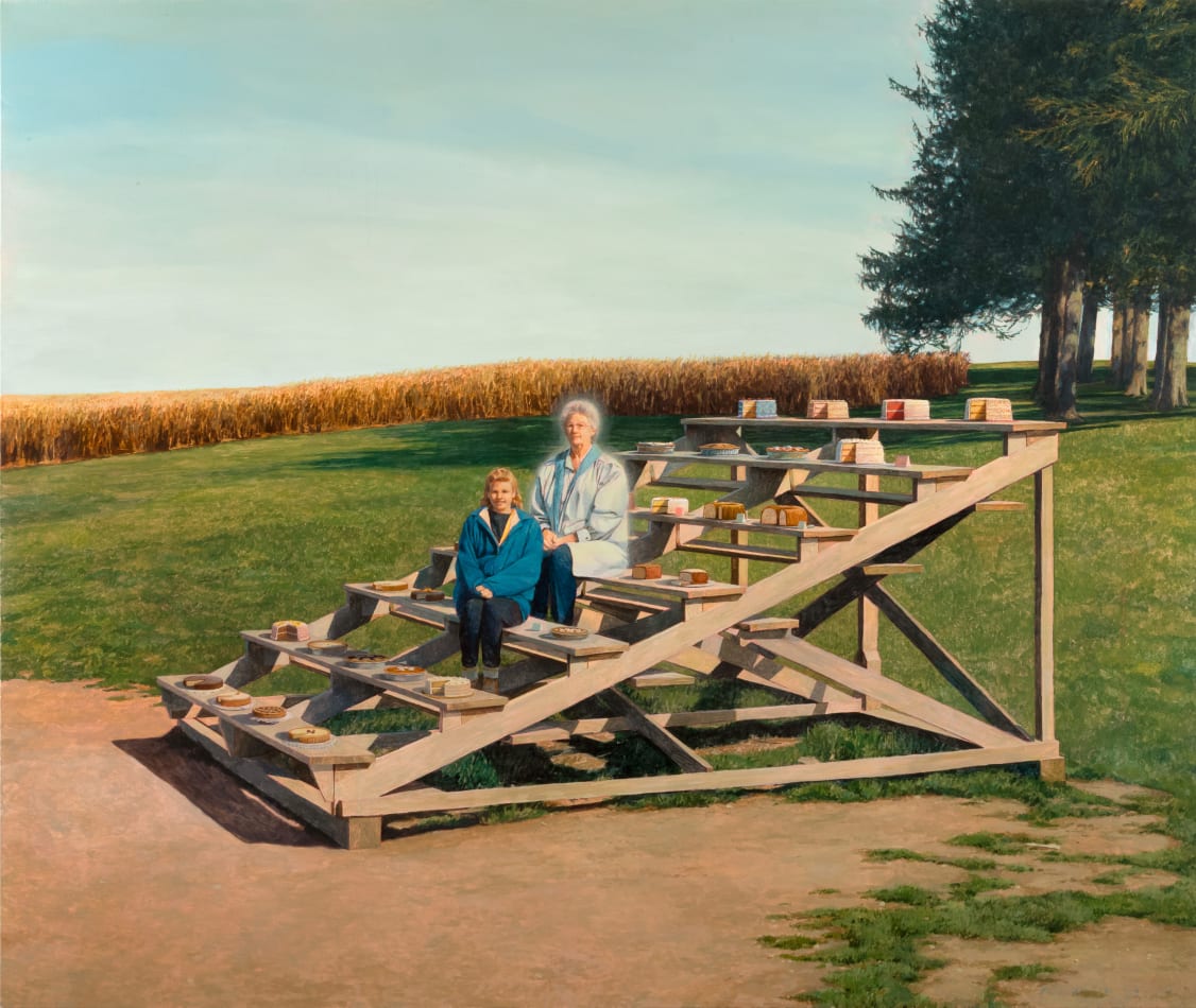 Pat Perry - painting of wooden grandstand with cakes and pies placed on seats, young girl sits in the center with ghostly grandma figure seated beside her