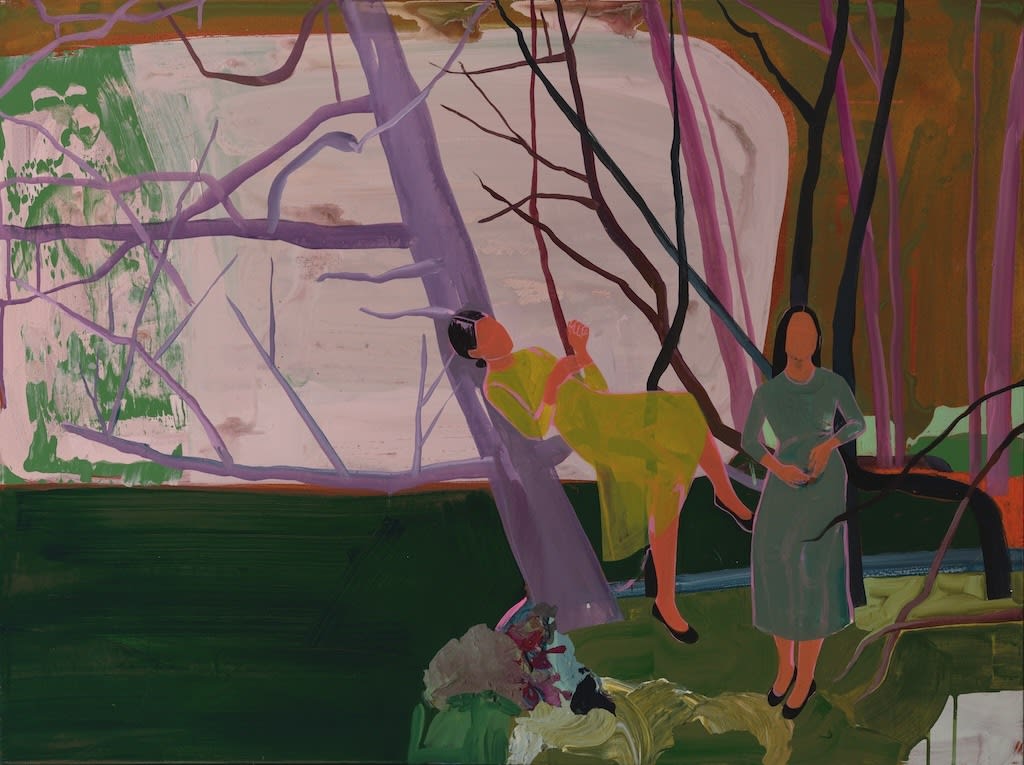 Painting of two women in green dresses standing next to purple trees in a forest