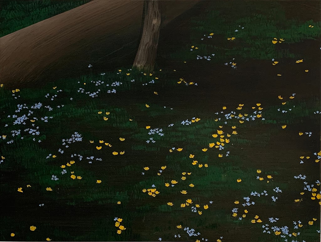 Emily Pettigrew painting of a dark meadow with tiny blue and yellow flowers and tree trunk in back