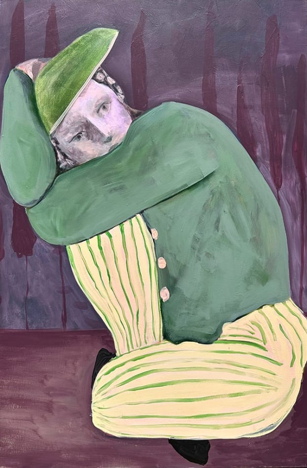 Painting by artist Erin Armstrong depicting a person dressed in yellow and green, hugging their knee