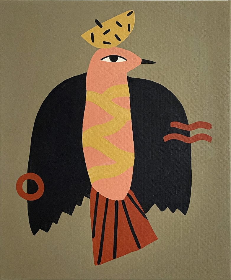 red and black bird over a dark beige background