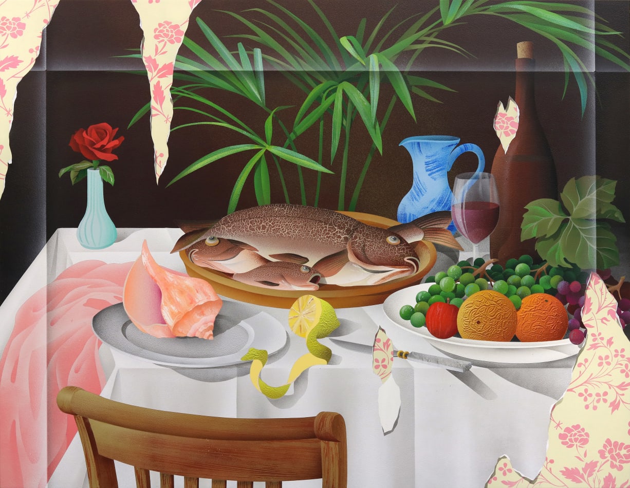 painting of a dinner table with fish and fruit