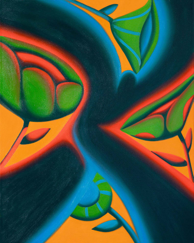 painting by Jocelyn tsah of a dark blue figure walking through a landscape of orange, green, and red flowers