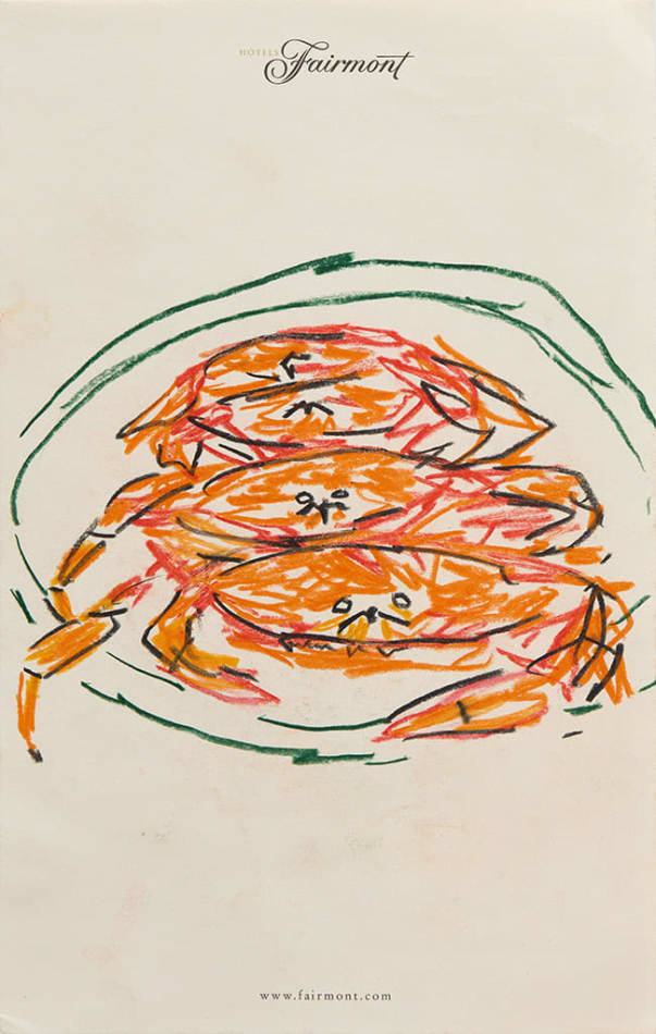 Drawing of three crabs on a green plate on hotel stationery